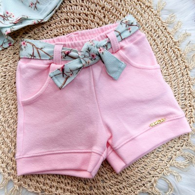Conj. Bata Passarinhos e Short - Verde e Rosa